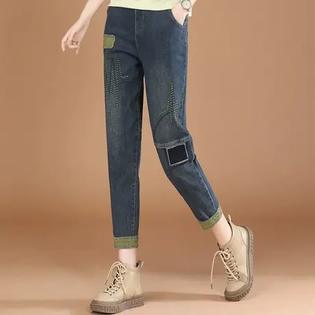 秋上新】松紧腰刺绣拼接牛仔长裤女2023秋装新款宽松百搭哈伦裤图片