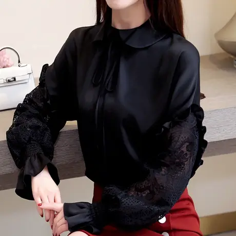 【换购10】雪纺衫女长袖新款春夏韩版洋气超仙女百搭蕾丝镂空上衣图片