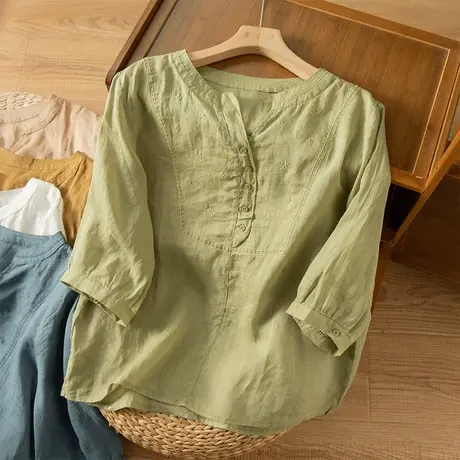 享永子七分袖刺绣宽松苎麻衬衫女夏文艺复古宽松百搭棉麻上衣2023商品大图