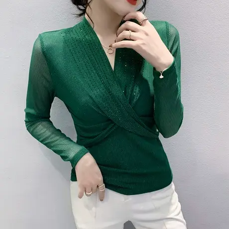 欧货网纱T恤女长袖2023春秋新款性感交叉V领打底衫时尚烫钻上衣潮商品大图