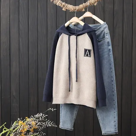 秋冬季新款连帽抽绳拼色套头针织衫女士宽松显瘦休闲减龄毛衣外搭图片