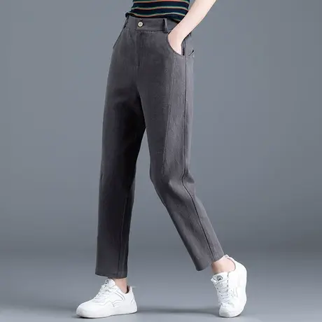 夏季薄款棉麻哈伦裤女士九分休闲大码苎麻亚麻女裤宽松八分萝卜裤图片