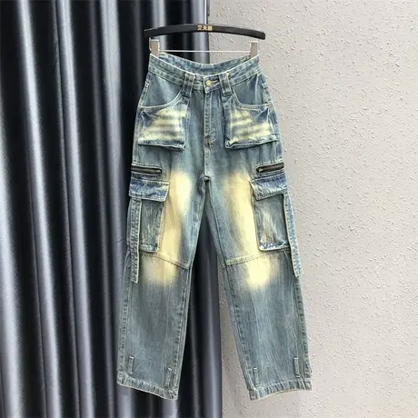 美式复古洗水牛仔裤女2023秋季新款多口袋设计感高腰显瘦直筒裤潮商品大图