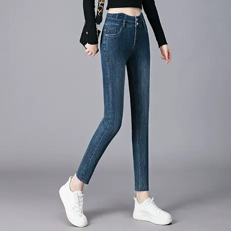 牛仔裤女春秋铅笔裤2023新款个性高腰修身弹力显瘦紧身小脚裤子商品大图