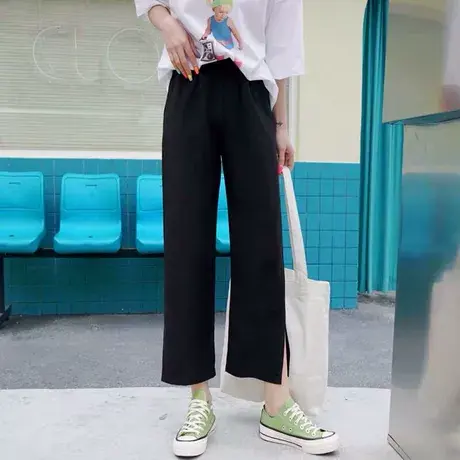 超火阔腿裤女坠感宽松开叉高腰直筒九分垂感雪纺百搭休闲西装裤子图片