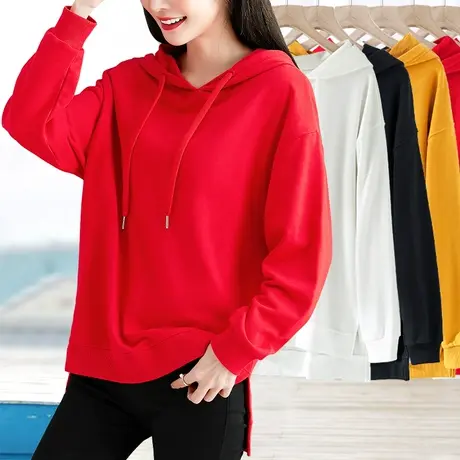中国红宽松下摆两侧开叉中长款连帽卫衣女春秋基础薄款套头打底衫商品大图