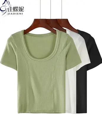 夏季新款纯棉修身显瘦短款U领韩版纯色短袖上衣内搭打底女装T恤商品大图