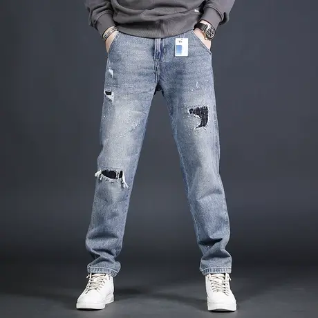 高街破洞牛仔裤男夏季薄款2022年新款宽松直筒美式潮牌个性裤子男商品大图