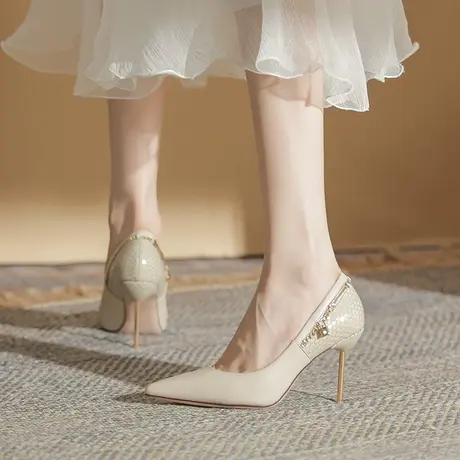 高跟鞋女细跟2023年春季新款百搭职业少女尖头宴会鞋浅口礼仪单鞋商品大图