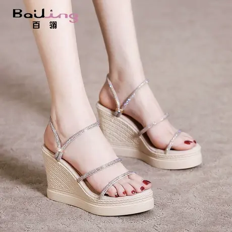 百翎2023年夏季新款坡跟凉鞋女仙女风水钻时装厚底网红百搭女鞋子商品大图