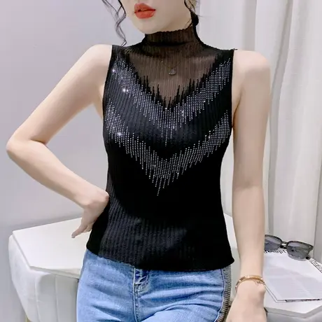 性感网纱拼接黑色背心女内搭欧货外穿气质吊带烫钻紧身无袖上衣夏商品大图