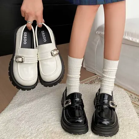 乐福鞋女厚底一脚蹬2024年春秋季新款配裙子粗跟单鞋英伦风小皮鞋商品大图