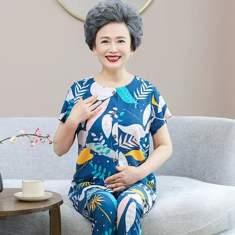 老年人棉绸睡衣女夏季薄款奶奶人造棉居家服妈妈短袖开衫绵绸套装图片