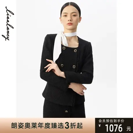 朗姿冬季新款时尚小香风粗花呢西装外套收腰双排扣上衣女商场同款商品大图