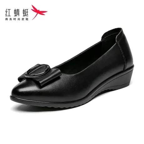 红蜻蜓女鞋春秋新款牛皮浅口妈妈软底舒适透气坡跟百搭时尚通勤鞋图片