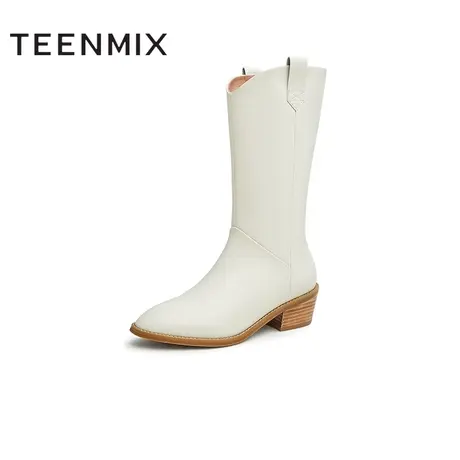 天美意保暖骑士靴女加绒西部靴尖头时装靴中靴2022冬新款CSE70DS2图片