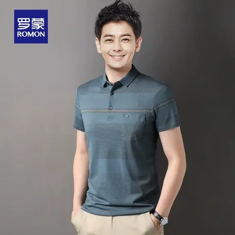 罗蒙男士短袖Polo衫夏季商务休闲条纹带口袋翻领T恤冰丝爸爸衣服商品大图