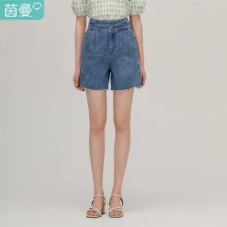 【商场同款】茵曼2023夏装新款高腰洗水牛仔裤女珠片绣花毛边短裤商品大图