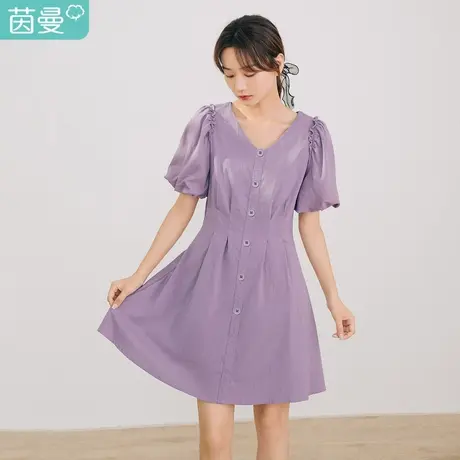 茵曼法式连衣裙女紫色灯笼袖2022年春季新款短袖收腰显瘦A字裙子图片