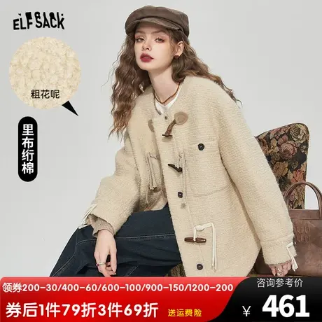 妖精的口袋复古粗花呢牛角扣大衣女2023冬季新款设计感毛呢外套商品大图