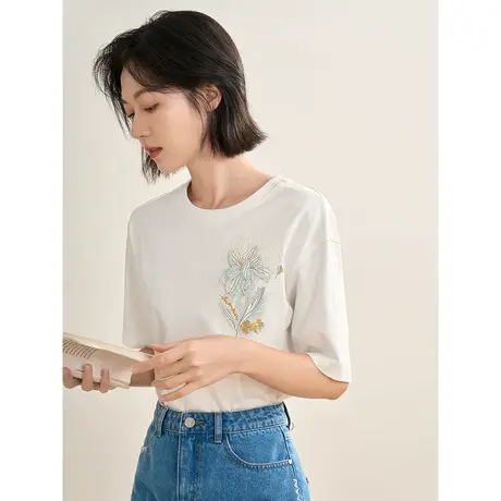 【商场同款】茵曼2023春季女装新款百搭纯棉绣花圆领修身显瘦T恤图片