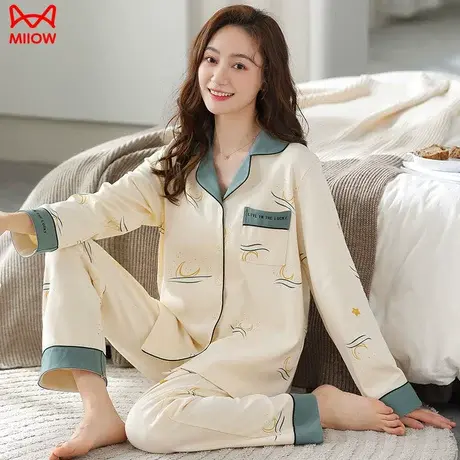 MIIOW/猫人春新款女士韩版时尚家居服翻领开衫长袖印花睡衣套装商品大图