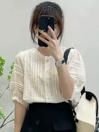 法式小香风衬衫时尚蕾丝花边高级感气质减龄镂空文艺泡泡袖衬衣潮商品大图