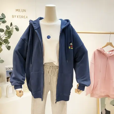 韩国东大门卫衣2021秋季新款刺绣卡通连帽开衫外套宽松休闲大码图片