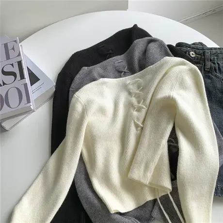 后绑带短款针织衫女秋冬纯欲风美式短款高腰显瘦显瘦方领针织衫女商品大图