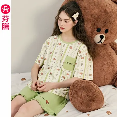 芬腾纯棉睡衣女夏季短袖凉感薄款卡通布朗熊家居服可外穿宽松套装商品大图