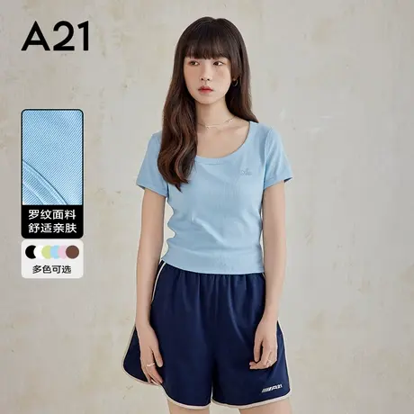 A21女装显瘦薄款弹性面料圆领短袖t恤衫上衣基础简约款打底衫商品大图