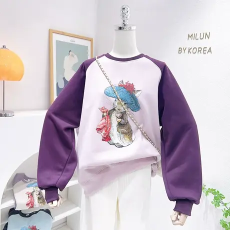 2023春季款设计感上衣韩国东大门ins油画兔子复古插肩袖卫衣宽松商品大图