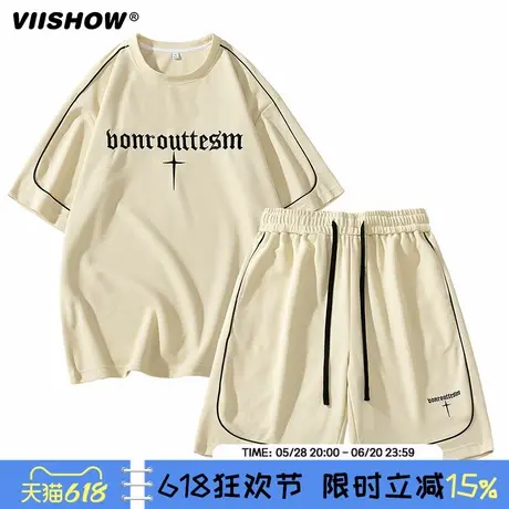 VIISHOW透气休闲运动套装男款夏季潮牌宽松情侣短袖短裤两件套男图片