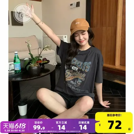 yoe夏季新款美式设计感潮牌复古印花深灰色短袖t恤女上衣纯棉宽松商品大图