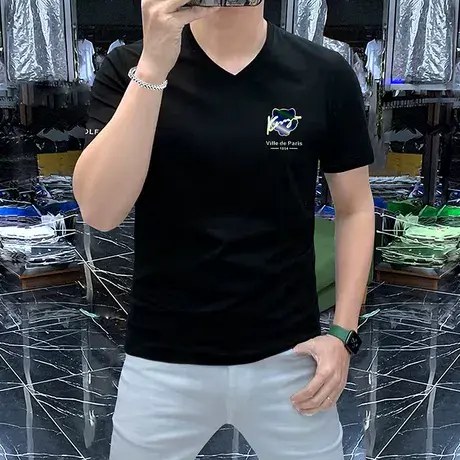 欧洲站男士短袖V领t恤衫丝光棉男装桃心领上衣立体滴胶工艺潮黑色图片