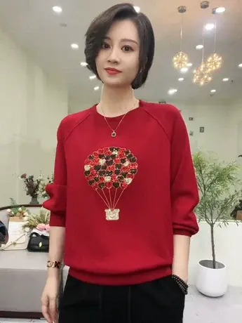 太空棉卫衣女2023秋冬新款圆领热气球钉珠宽松镶钻空气棉上衣女装商品大图