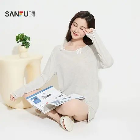 三福女秋季圆领长袖短裤套装 简约甜美蝴蝶结宽松家居服503592商品大图