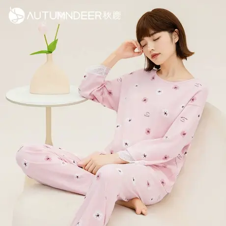 秋鹿纯棉睡衣女春秋蕾丝拼接九分袖圆领印花长袖长裤家居服两件套商品大图