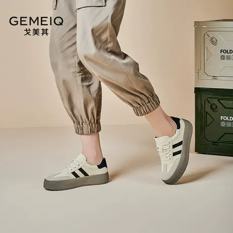 戈美其简约厚底德训鞋女2025秋季新款真皮软底百搭复古休闲板鞋商品大图