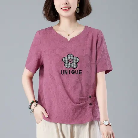 中年妈妈夏装棉麻短袖T恤女宽松加大码女装V领刺绣遮肚子显瘦上衣商品大图