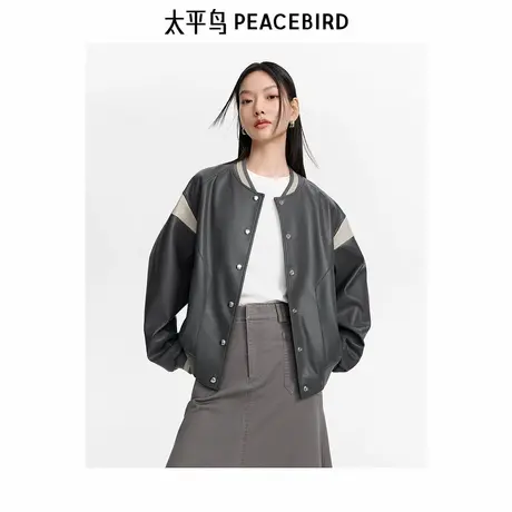 *太平鸟PU棒球服外套女24秋装新款运动风宽松时尚PU皮夹克外套女图片