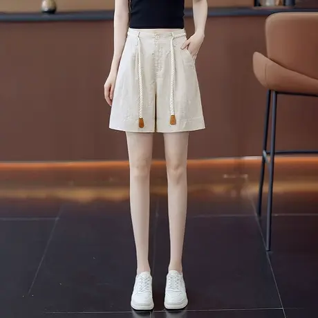 夏季天丝亚麻A字短裤女高腰显瘦宽松阔腿裤透气舒适休闲五分裤商品大图