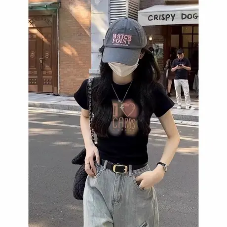 辣妹短款夏日多巴胺穿搭上衣设计感小众t恤女短袖正肩黑色洋气ins商品大图