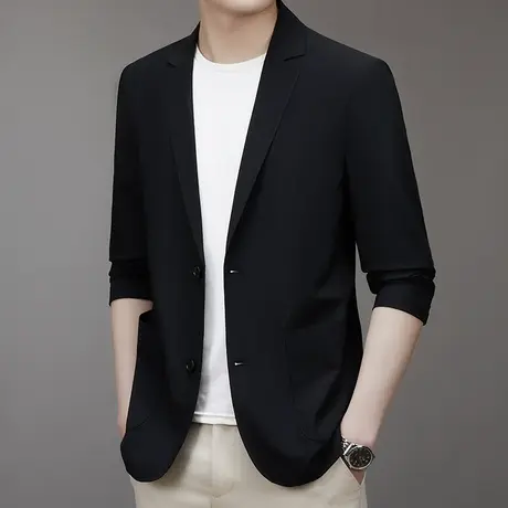 黑色薄款冰丝西服男士纯色休闲外套2023新款潮流帅气上衣防晒西装商品大图