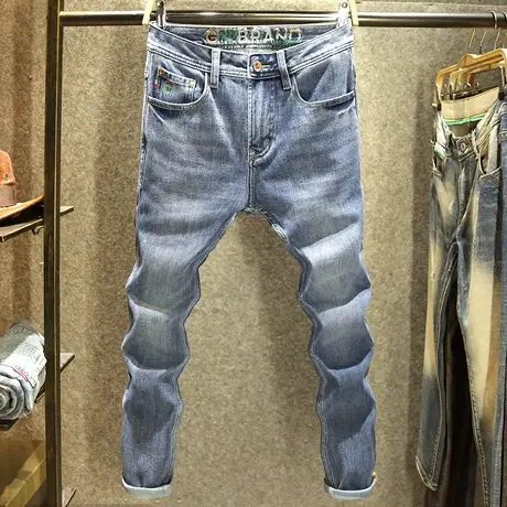 秋冬款九分牛仔裤男潮牌刺绣修身小直筒裤子男高端水洗休闲9分裤商品大图