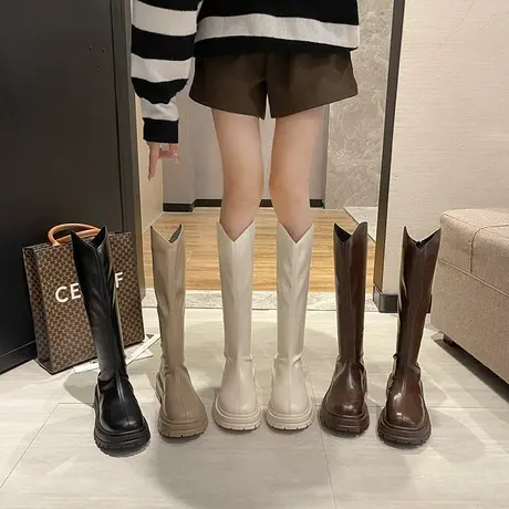 英伦风爆款长靴女春秋2023新款显瘦v口骑士靴粗跟小个子不过膝靴图片