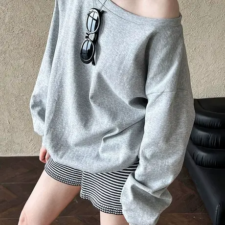 松弛感宽松斜肩卫衣女早秋新款气质慵懒风小众设计一字领露肩上衣商品大图