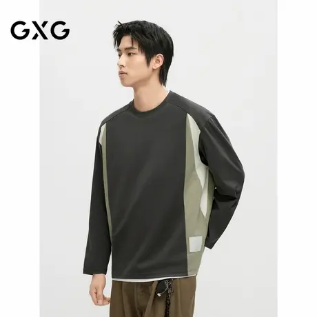 【X】GXG男装深灰色拼接设计时尚潮流宽松长袖T恤男士24年秋季品商品大图