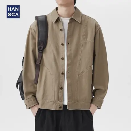 hansca秋季330g美式复古工装夹克男2025新款纯棉宽松翻领休闲外套商品大图