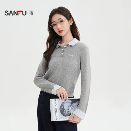 三福毛衣2025秋季撞色翻领英文刺绣假两件上衣女装509995商品大图